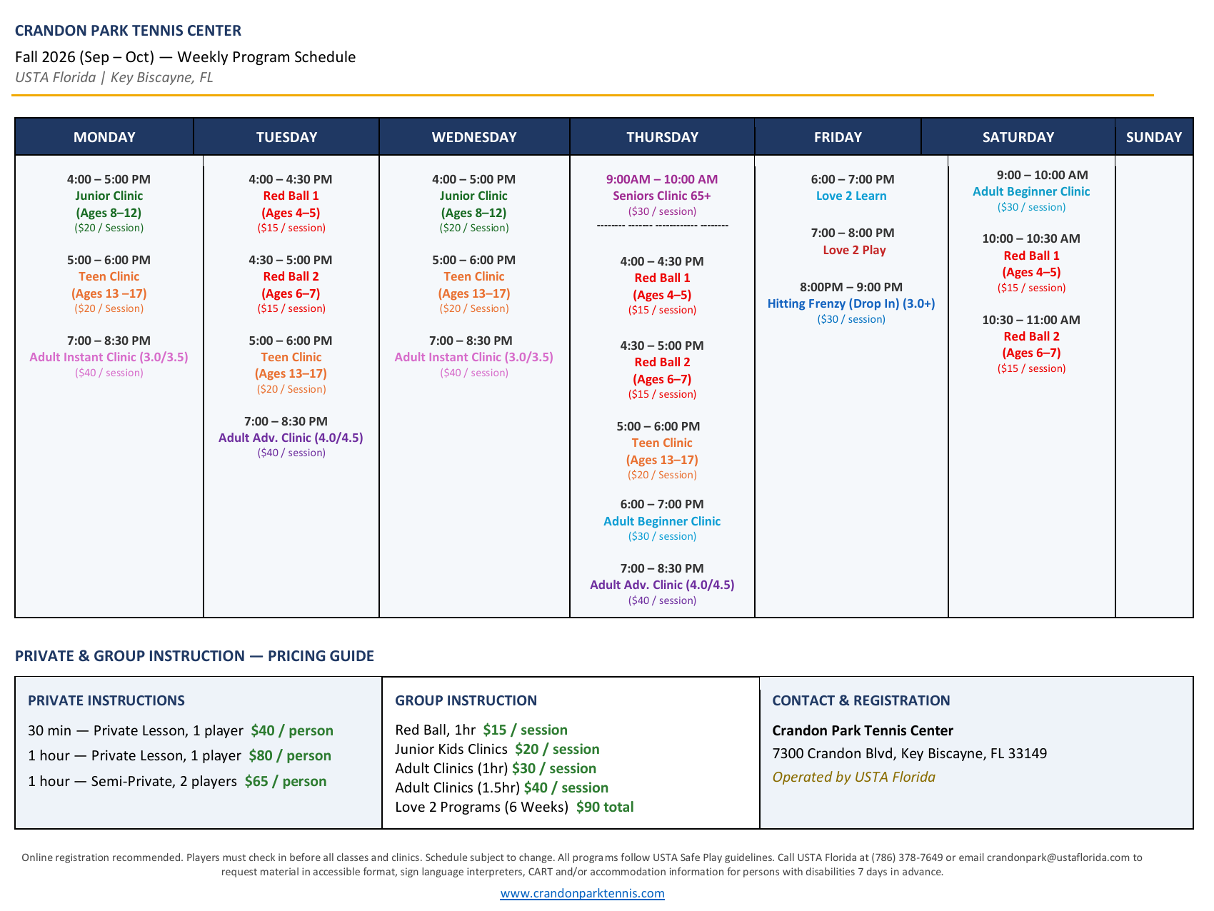 Weekly tennis program schedule at Crandon Park Tennis Center, showing class times, types, age groups, and pricing guide for private and group lessons, with contact information.